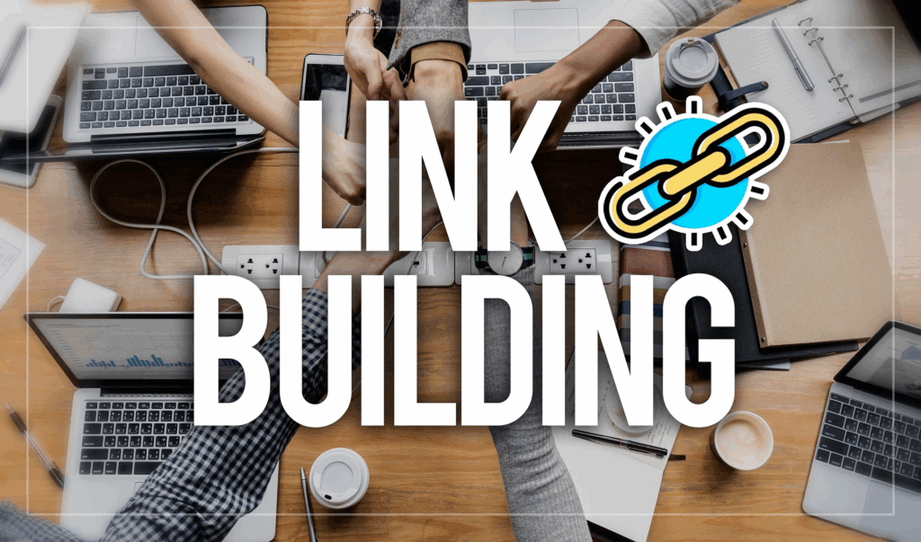 Illustration of link building in SEO showing interconnected chain links above a laptop screen with SEO analytics and website icons in the background