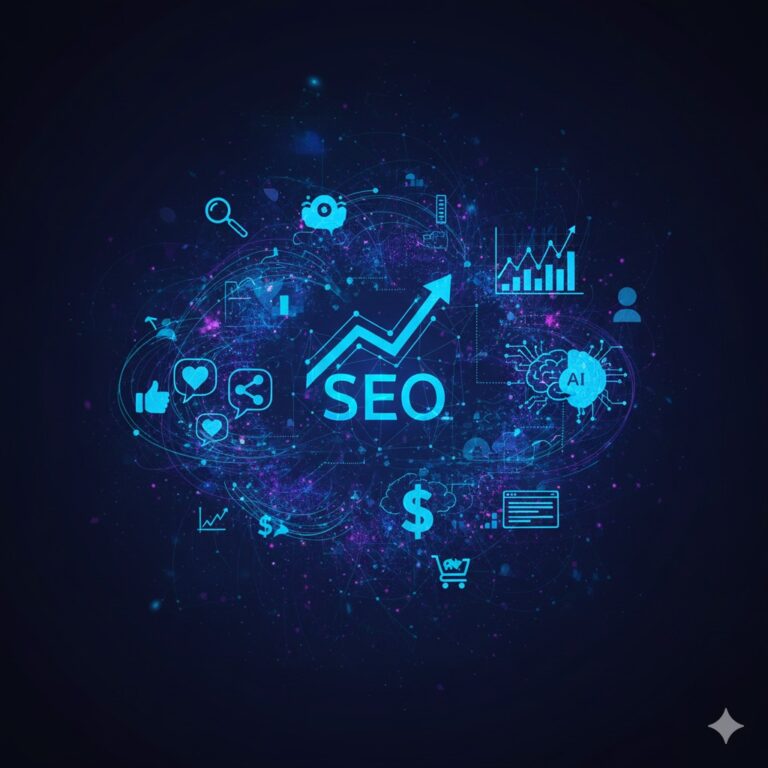 Abstract graphic visualizing the interconnected digital marketing ecosystem, featuring elements of SEO, social media metrics, and data analytics on a dark blue background