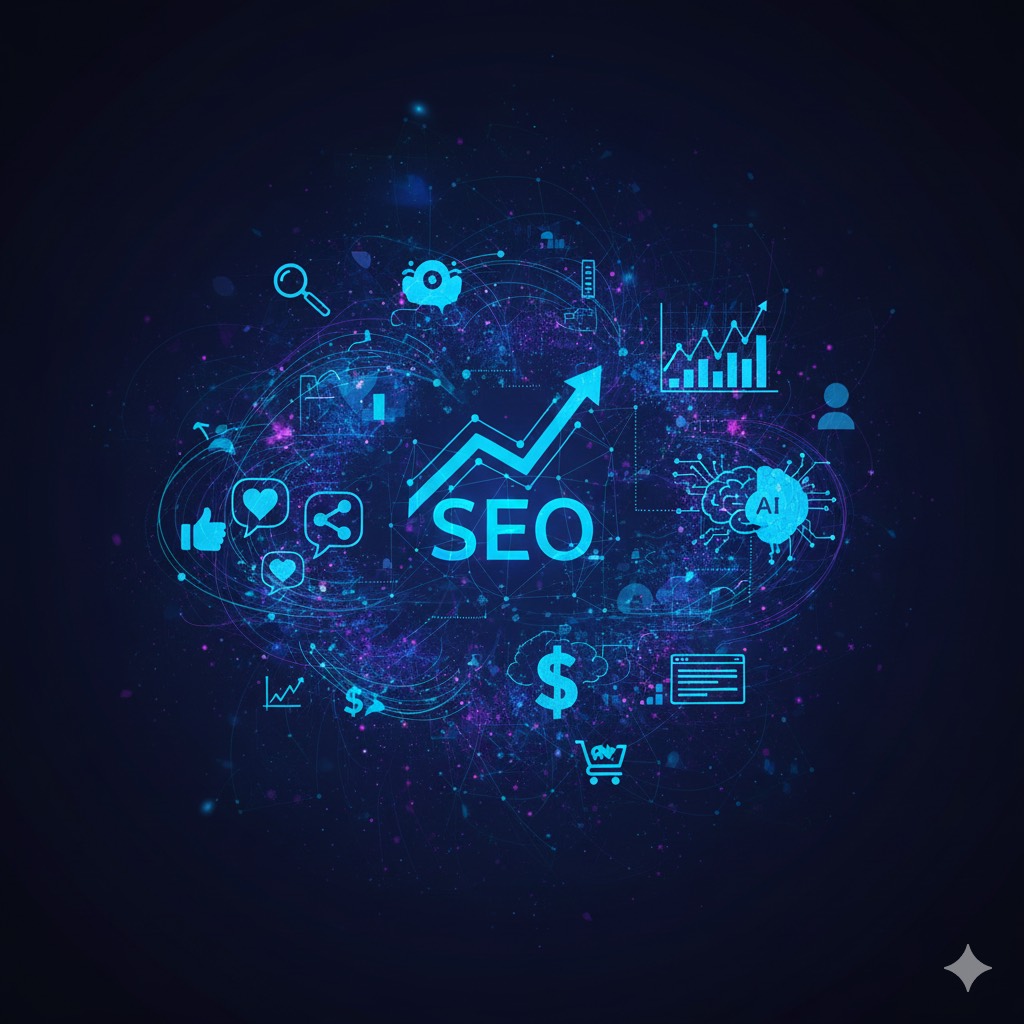 Abstract graphic visualizing the interconnected digital marketing ecosystem, featuring elements of SEO, social media metrics, and data analytics on a dark blue background