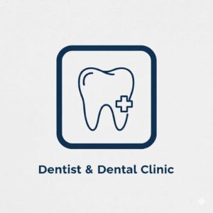 Dark blue icon representing a dental clinic or dentist, featuring a stylized tooth and minimal cross or shield