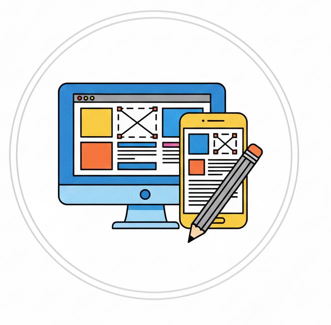 Six-step web design process flow: Brainstorm, Design, Development, Test, Launch, and Optimize.