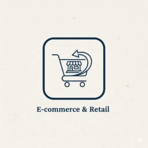 Dark blue icon representing e-commerce and online shopping, featuring a shopping cart or digital store symbol