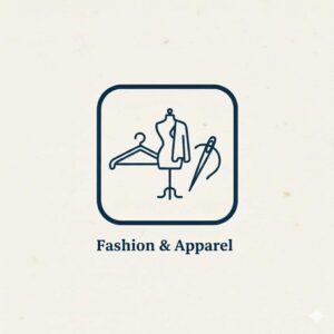 Dark blue icon representing the fashion and apparel industry, featuring a stylized shopping bag or clothing item and hanger
