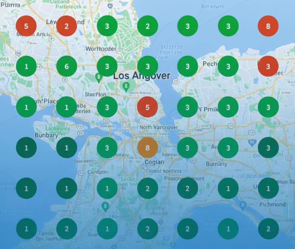 Abstract digital map graphic with highlighted search zones and location pins, symbolizing local area targeting and high visibility in a specific region
