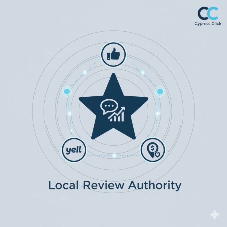 Stylized dark blue icon featuring three interconnected review stars and a speech bubble, symbolizing local review generation and reputation management