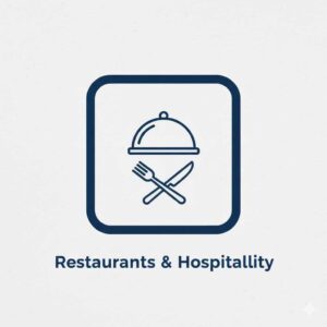 Dark blue icon representing a restaurant and dining, featuring a plate, dome cover, or stylized cutlery