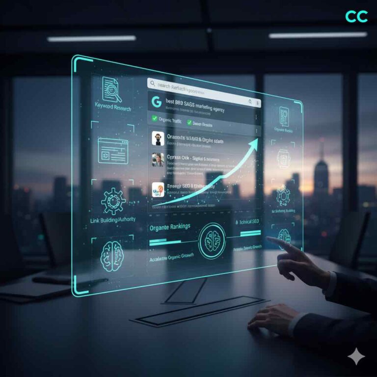 Stylized graphic visualizing a Google search results page (SERP) with a prominent first-page ranking snippet and interconnected data nodes, representing successful strategic SEO