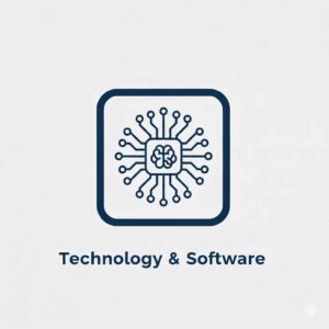 Dark blue icon representing the technology and SaaS industries, featuring connected nodes, circuitry, or a stylized network