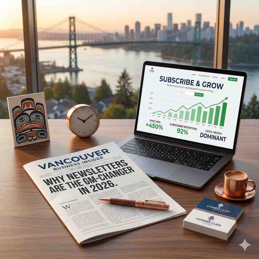 Hero image for Cypress Click newsletter marketing blog post featuring a laptop with +450% ROI analytics, a Vancouver Business Insider newspaper, and a sunset view of the Lions Gate Bridge.