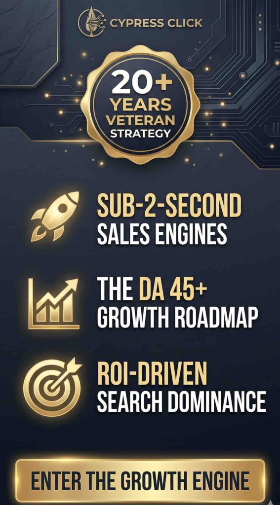 Cypress Click 20+ Years Veteran Strategy Authority Card: Sub-2-Second Sales Engines, DA 45+ Growth Roadmap, and ROI-Driven Search Dominance.