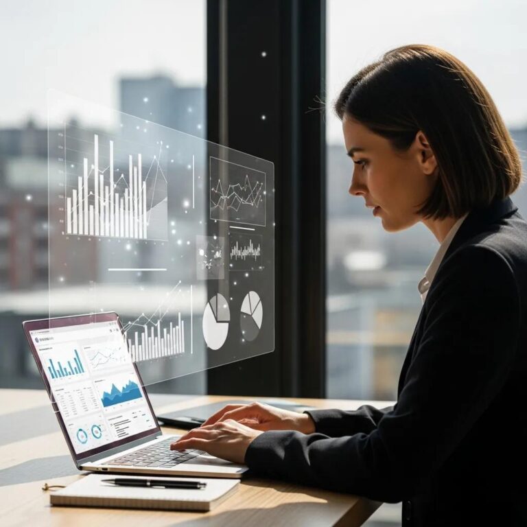 Business owner analyzing website performance with SEO tools on a laptop