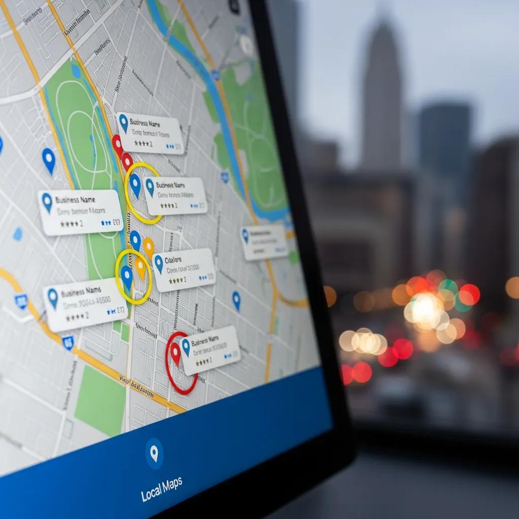 Computer screen displaying local business listings and citations on a map