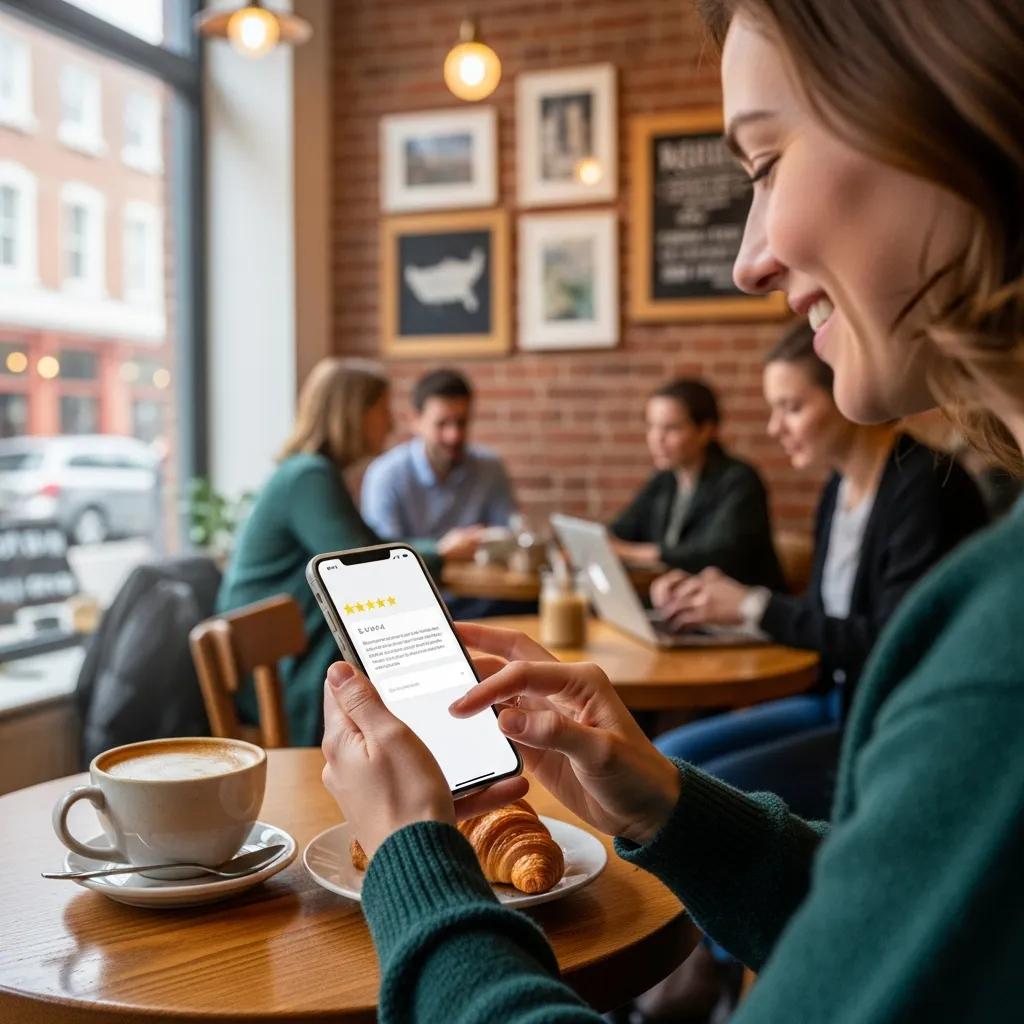 Customer leaving a positive review on a mobile device in a caf&eacute;