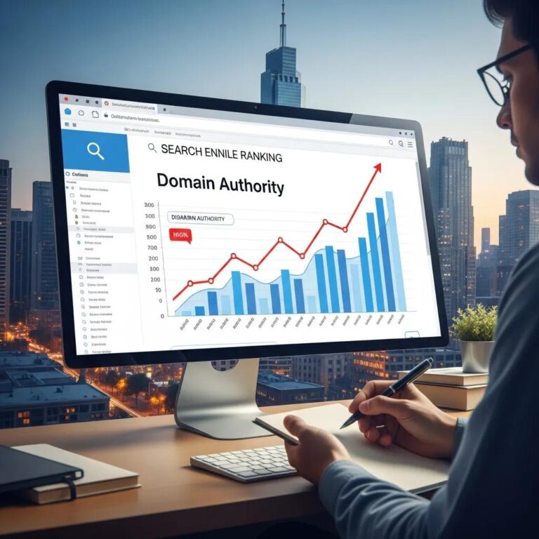 Digital landscape illustrating Domain Authority with a website ranking graph and search engine results