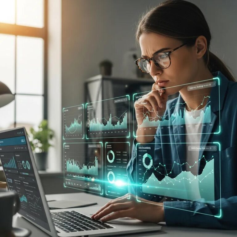 Digital marketing professional analyzing SEO data in a modern office