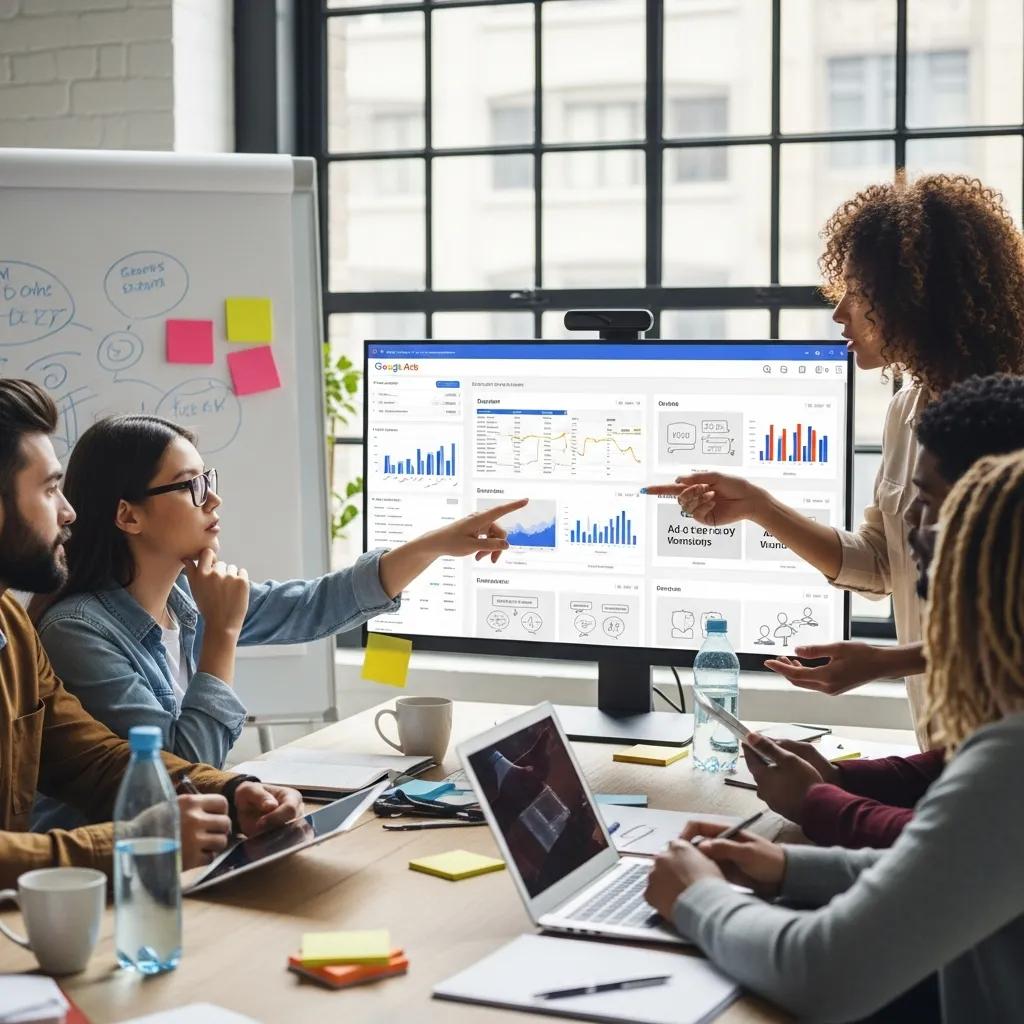 Digital marketing team brainstorming Google Ads campaign ideas with creative concepts