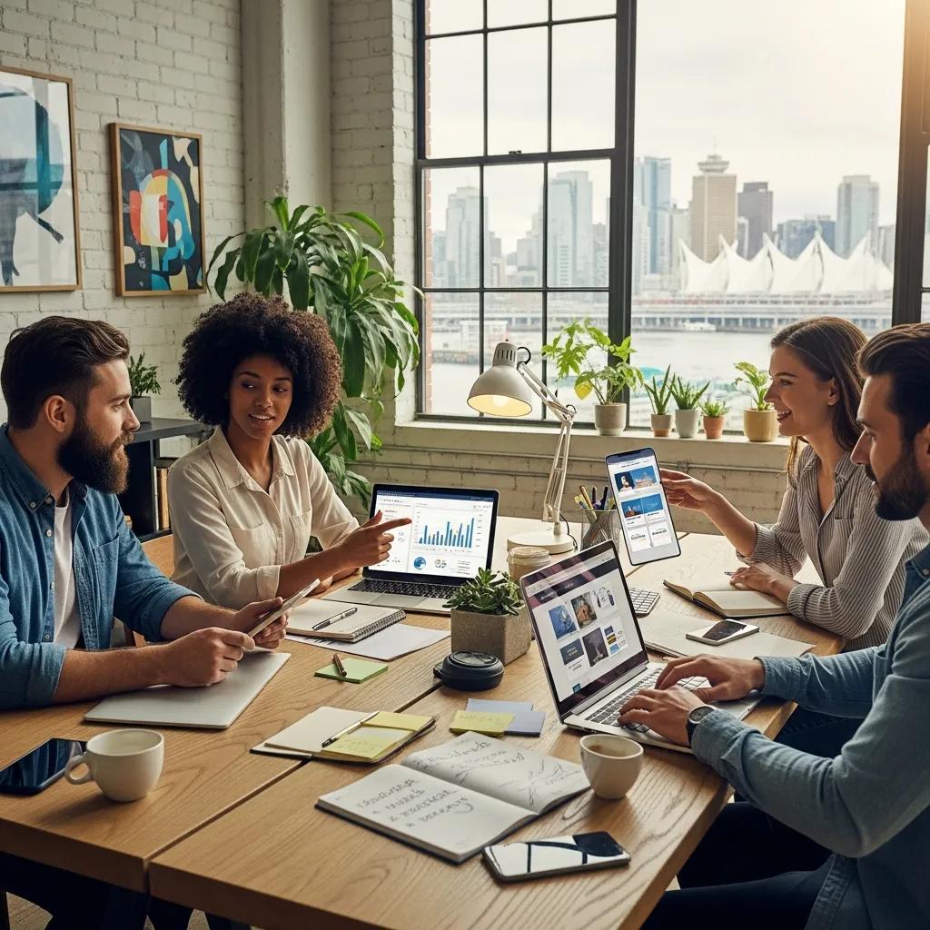 Diverse entrepreneurs collaborating in a modern office, representing digital marketing for new businesses
