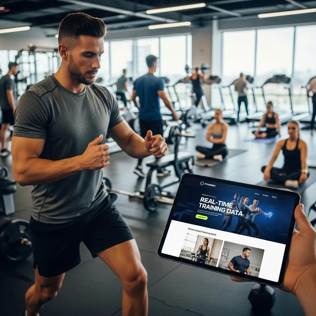 Fitness trainer using a tablet in a gym to showcase website performance