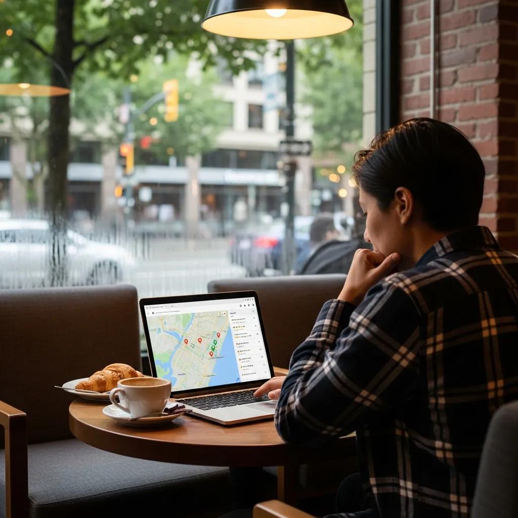 Local business owner analyzing Google Business Profile in a café, highlighting local SEO strategies