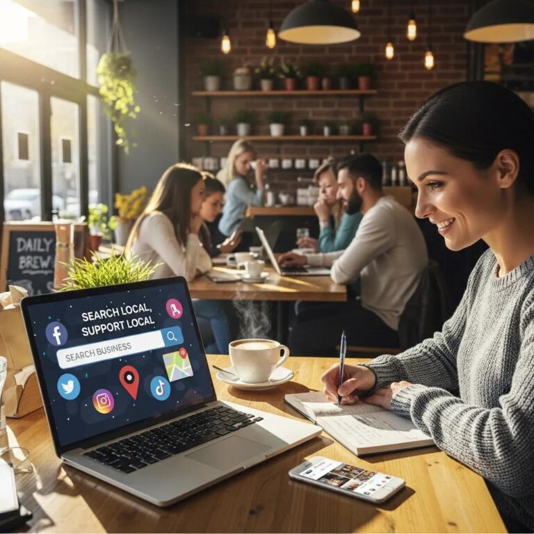 Local business owner engaging with digital marketing tools in a café setting