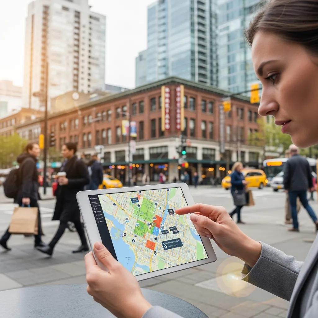 Marketing professional using a tablet for geo-targeting in a bustling Vancouver street