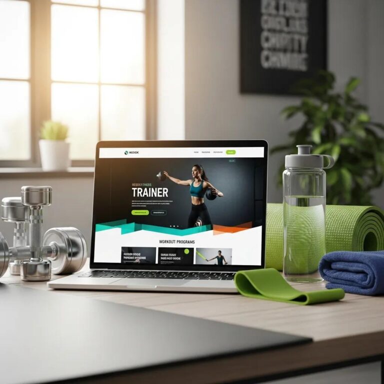 Modern fitness website displayed on a laptop with fitness equipment around