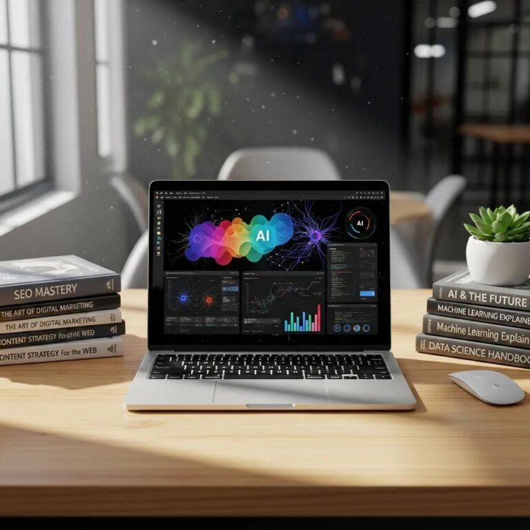 Modern workspace with laptop and SEO books illustrating AI content optimization