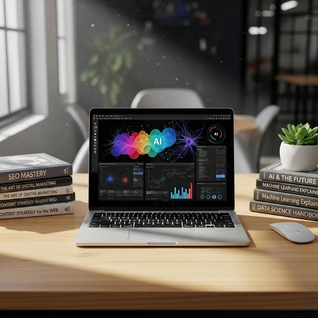 Modern workspace with laptop and SEO books illustrating AI content optimization