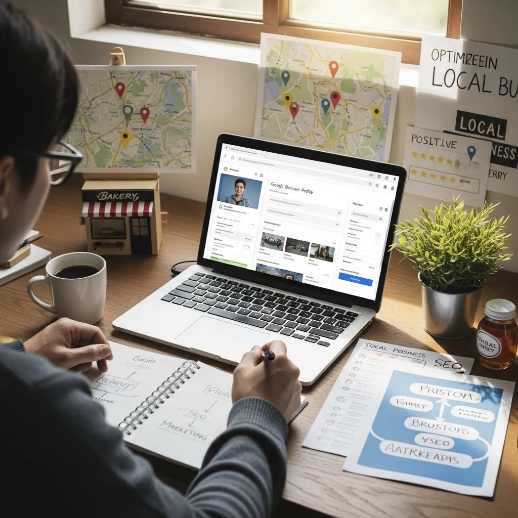 Person optimizing Google Business Profile for local SEO in a cozy workspace