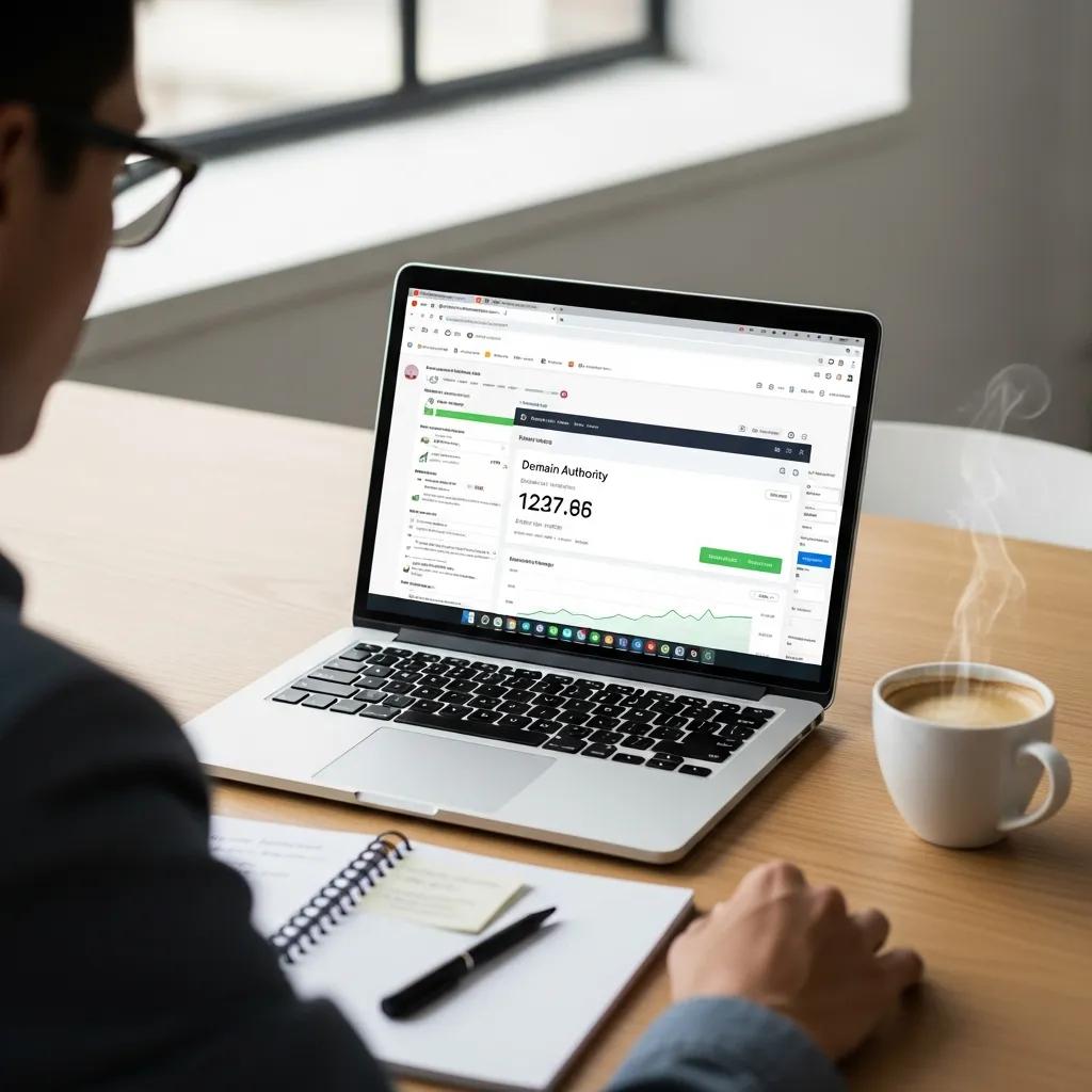 Person using a laptop to check Domain Authority with SEO tools in a modern workspace