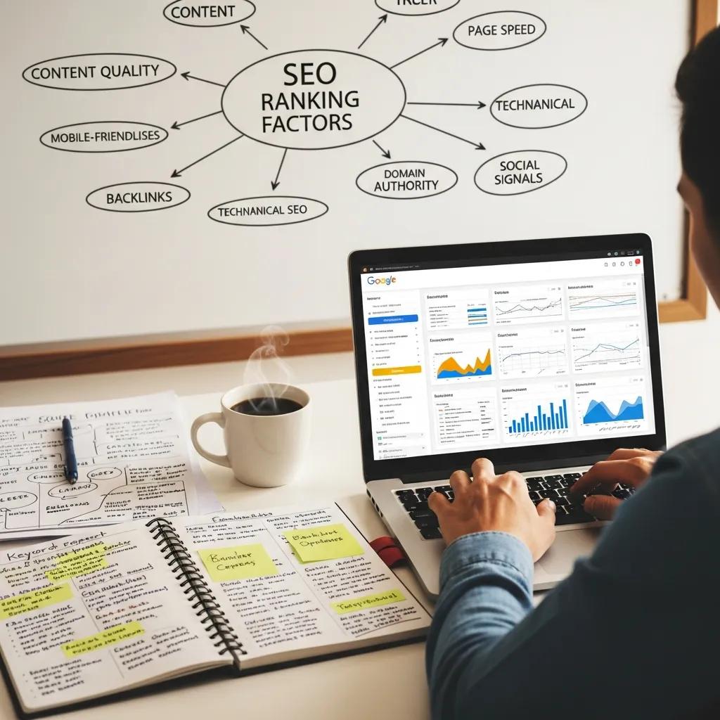 Person working on SEO strategies with documents and a laptop