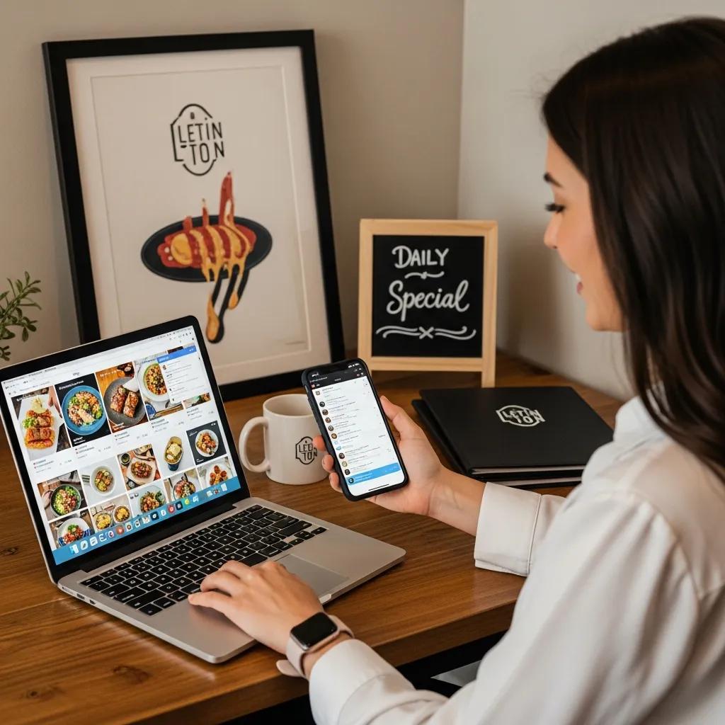 Restaurant social media manager engaging with customers online in a cozy office space