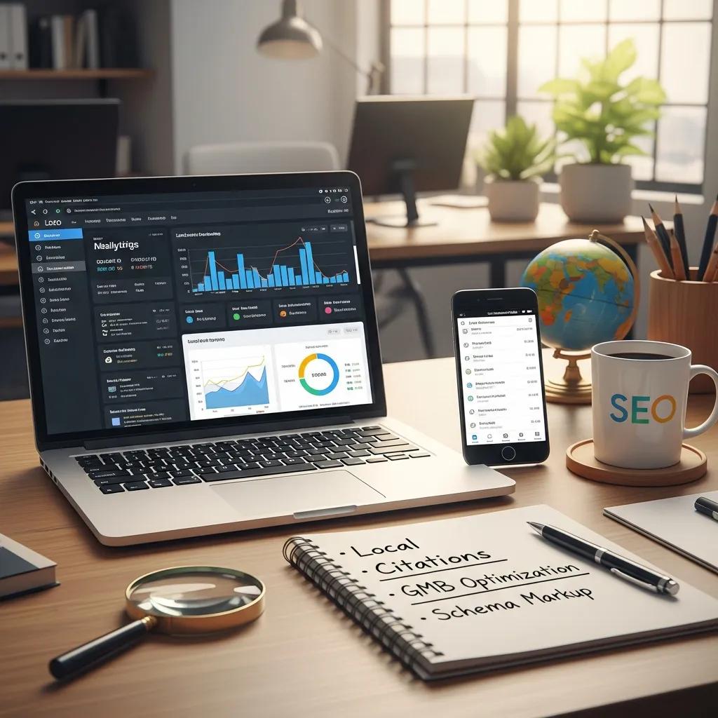 SEO tools for local businesses displayed in a modern office setting