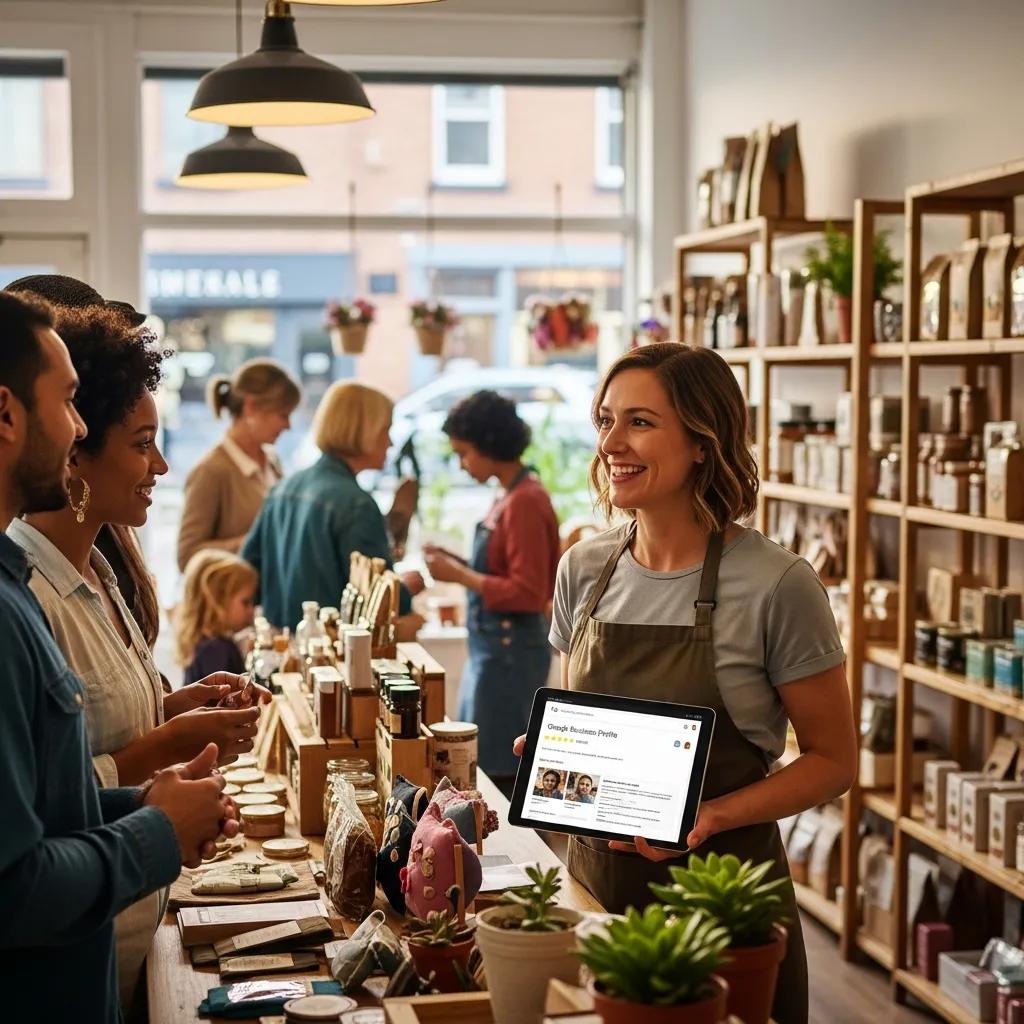 Small business owner engaging with customers in a local shop