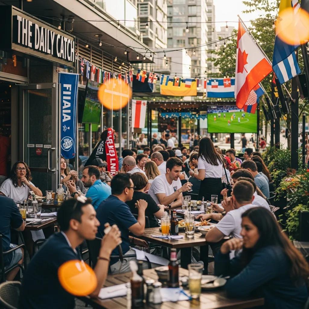 Vibrant Vancouver restaurant scene during FIFA event with diverse customers enjoying meals