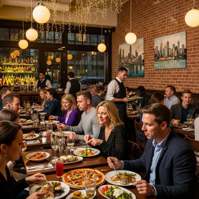 Vibrant Vancouver restaurant scene with diners enjoying meals, highlighting community and culinary experience