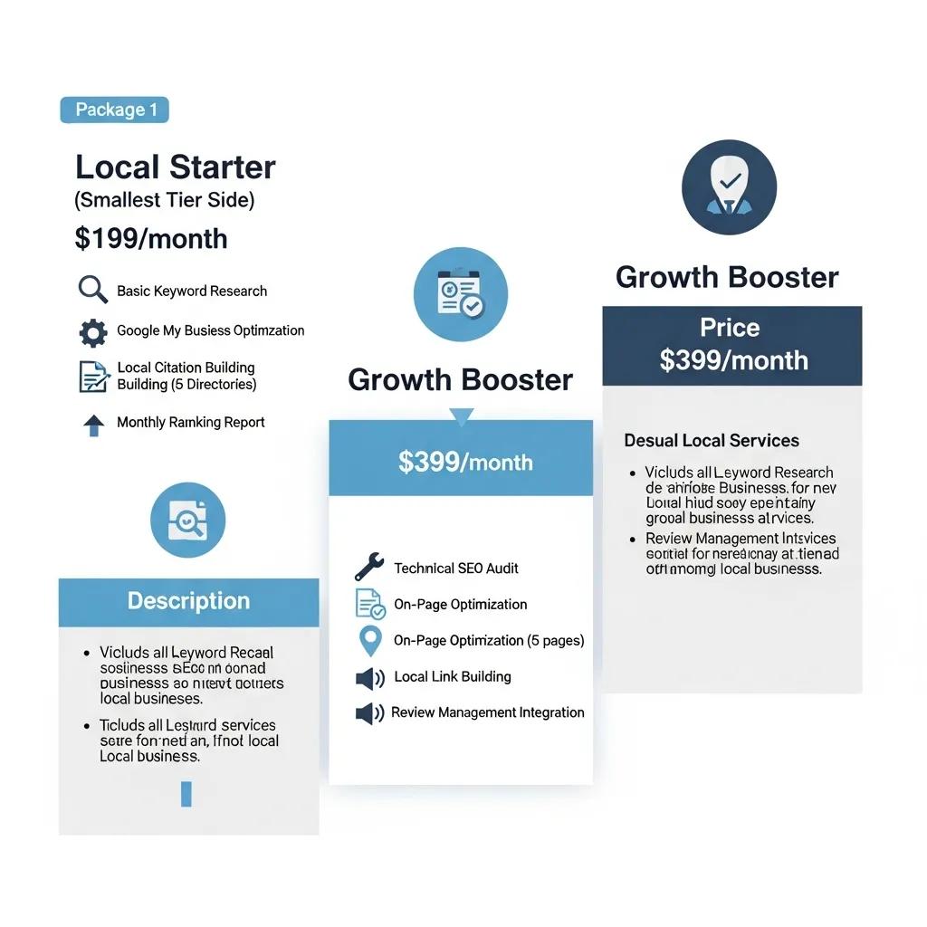 Visual representation of tiered SEO packages with icons for various services